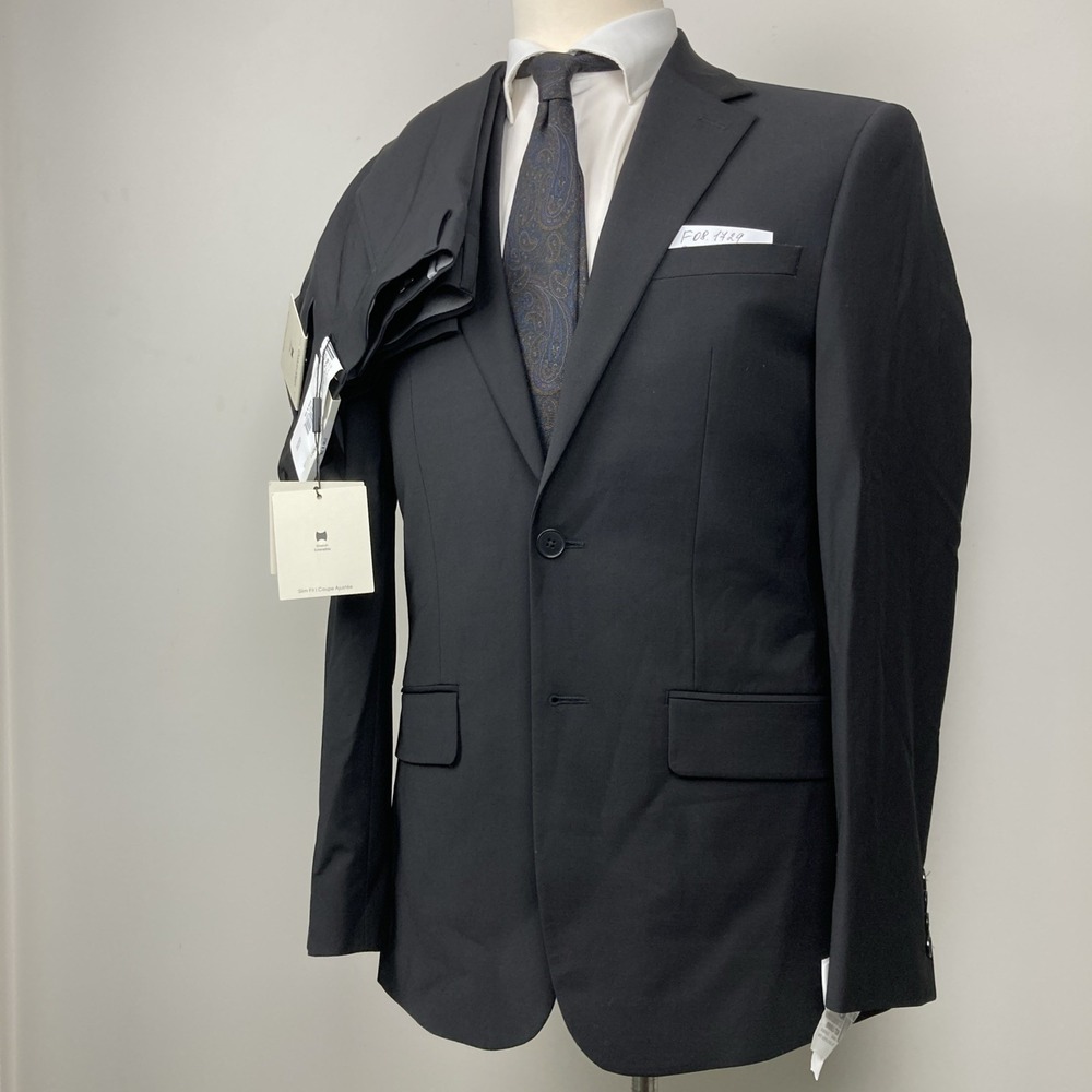 Calvin Klein Mens Slim fit 2-pc Suit Jacket 38R Pants 31W 32L Black Solid Wool - Picture 8 of 16